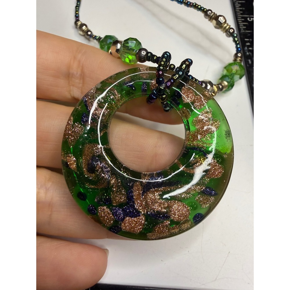 Green Murano Style Glass Ring Pendant Necklace Copper Aventurine Foil Beads
